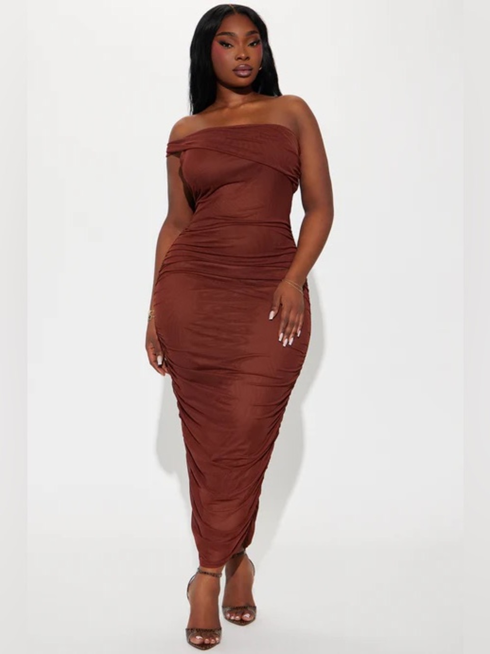 Fashion Nova Brown One-Shoulder Midi Dress